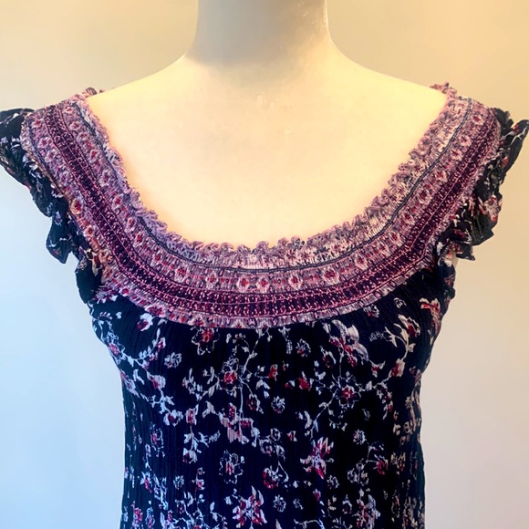 J Gee Black Floral Ruffle Fringe Dress Petite Small S Elastic Scoop Neckline - Picture 2 of 8